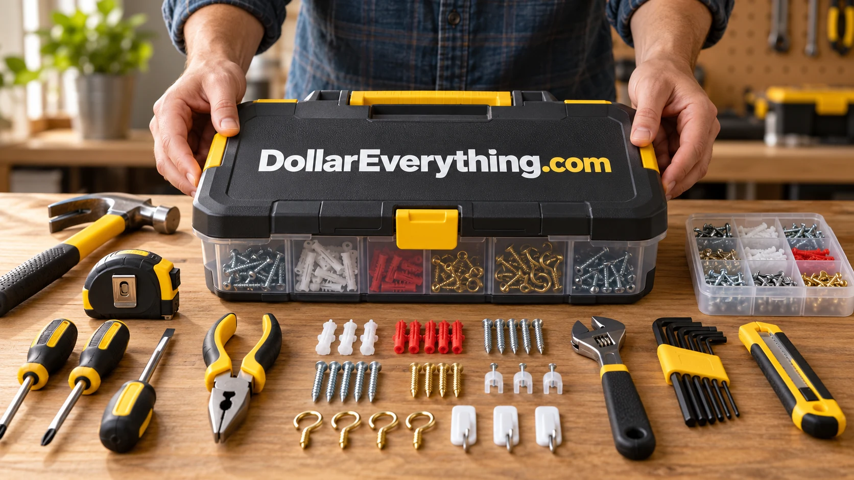 Task-based household project kit arranged on a workbench, branded DollarEverything.com