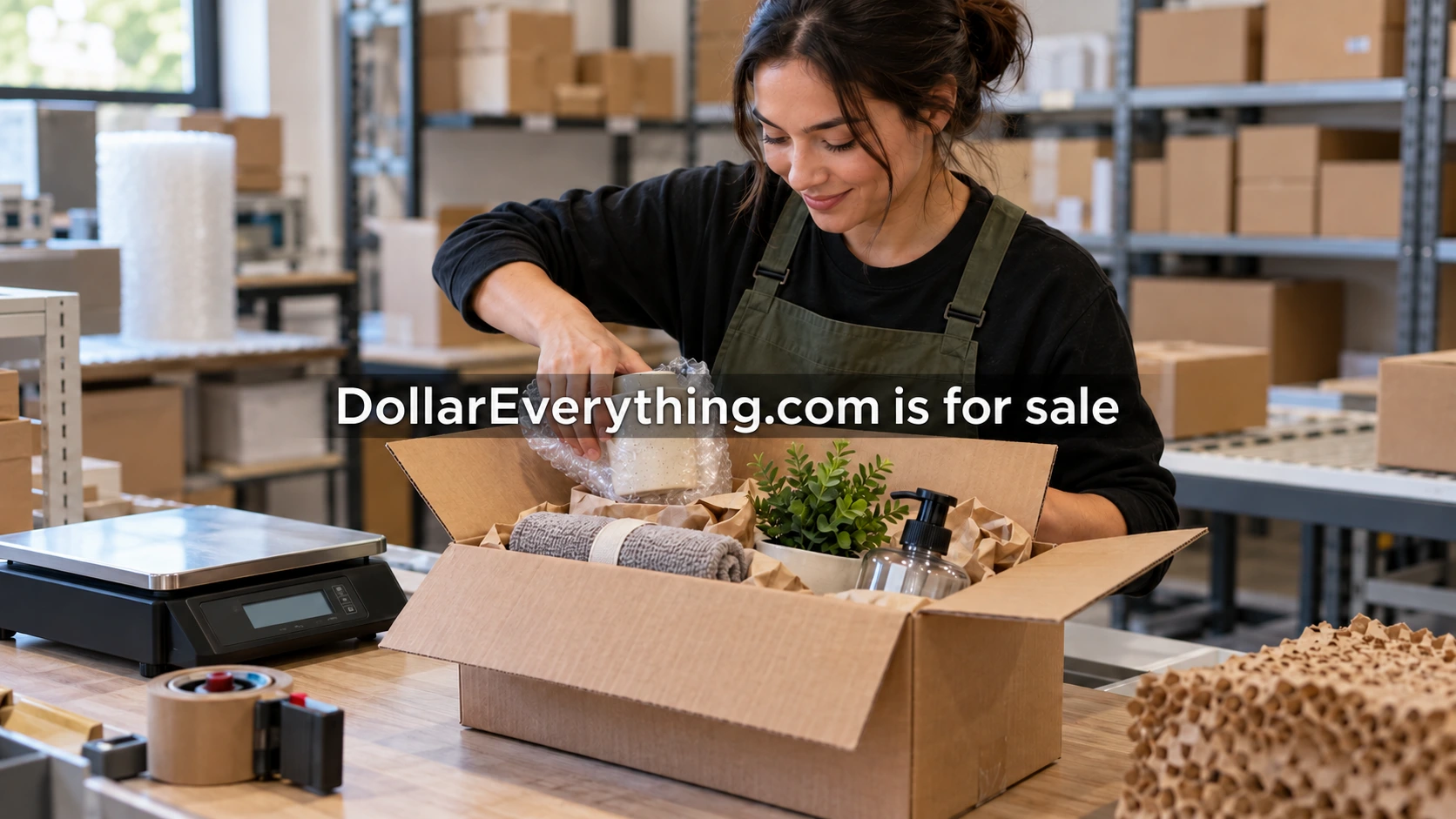 Packed retail parcels on a fulfillment bench with a small DollarEverything.com is for sale watermark